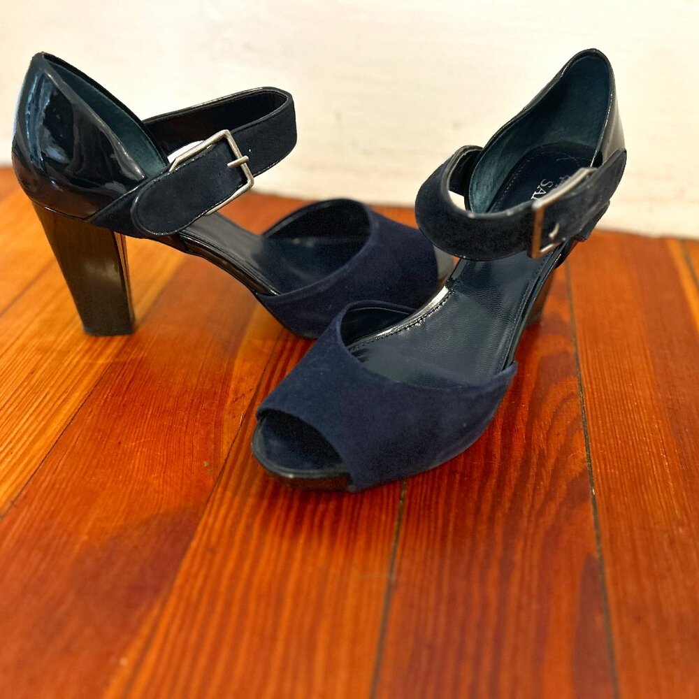 Franco Sarto Navy Suede Open-Toe Heels, size 8